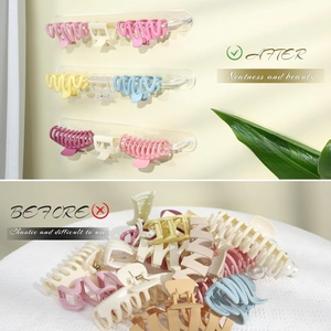 Vertical wall-mounted acrylic headband holder showing neat before and after storage results