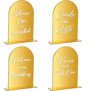 4er-Set goldene Acryl-Hochzeitsschilder im Bogenformat mit Gästebuch-Schrift und Haltern