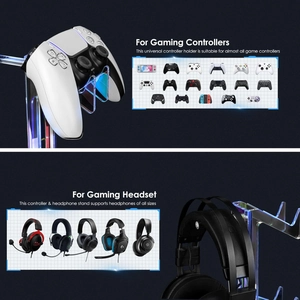 Dual-tier transparent acrylic stand holding two game controllers and a gaming headset