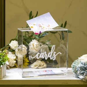 Clear acrylic wedding card box with cards text and slot for reception table decor