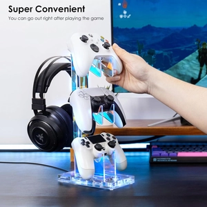 Iridescent 3-tier acrylic game controller stand and headset holder for gaming desk setup