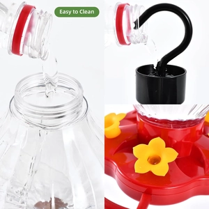 Hanging pumpkin hummingbird feeder with yellow flower ports and anti-ant hook design
