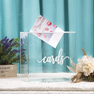 Clear acrylic card box with white cards lettering for wedding and birthday gift storage