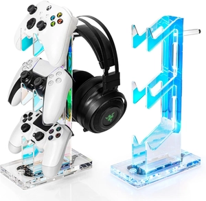 Macro detail of 3-tier iridescent acrylic game controller and headset stand with polarized finish