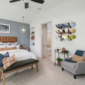 Wall-mounted 3-tier skateboard rack in modern living room for space-saving display