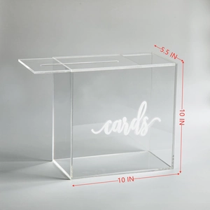 Clear acrylic card box with lid slot and white 'cards' calligraphy, 10x10x5.5 inches