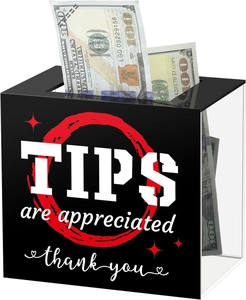 Detail of black and clear acrylic tip box with TIPS print and dollar bills inside