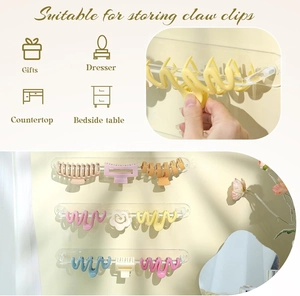 Wall-mounted acrylic organizer showing storage capacity for colorful hair claw clips