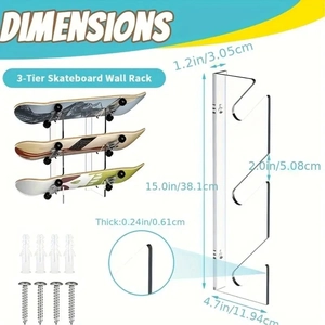 3-tier acrylic wall mount skateboard rack with dimensions and mounting hardware included