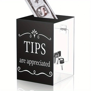 Acrylic tip box with lock for bar or restaurant featuring a mirrored base and keys