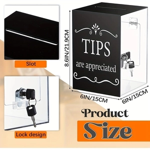 Black acrylic tip box with lock and keys for donations and feedback, size 8.6x6x6 inches