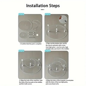 Step-by-step assembly guide for a clear acrylic tiered display riser with screws