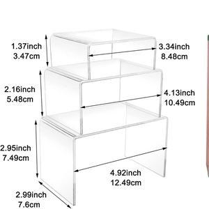 Set of 3 clear acrylic U-shaped display risers with detailed size specifications shown