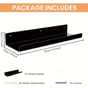 Detailed set of 4 black acrylic floating shelves with mounting hardware and dimensions