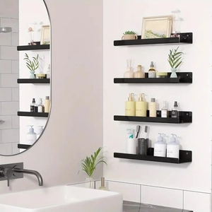 Set of four black minimalist acrylic floating shelves for bathroom and kitchen wall storage