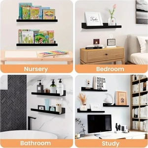 Modern black U-shaped floating shelves set in nursery, bedroom, bathroom, and study rooms