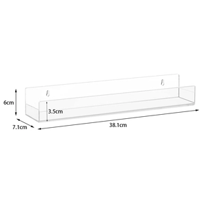 Wall-mounted transparent acrylic shelf dimensions 38.1cm x 7.1cm x 6cm for storage