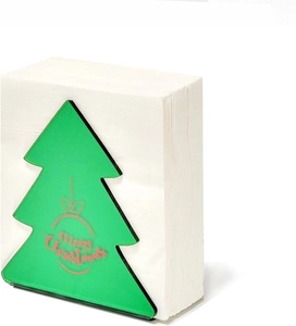 Close-up of green acrylic Christmas tree napkin holder with Merry Christmas engraving