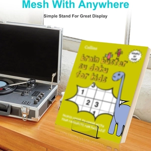 Transparent acrylic display stand for books and vinyl records on a wooden table