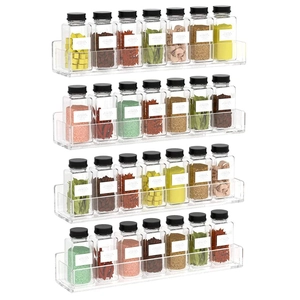 Set of 4 clear acrylic wall-mounted spice racks with labeled jars on white background