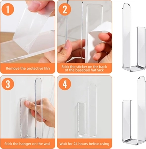 Four-step installation guide for clear acrylic baseball cap wall rack with adhesive strips