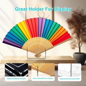 Clear acrylic display stand for folding fans shown on a wooden table surface
