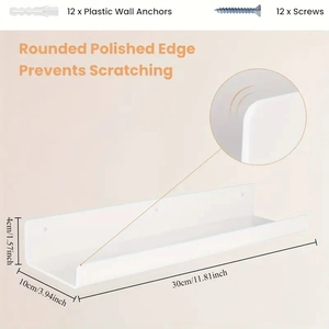 White U-shaped acrylic floating wall shelf with rounded edges and mounting hardware