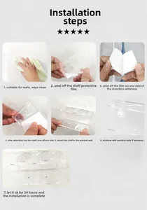 Step-by-step installation guide for wall-mounted acrylic shelf with adhesive and nails