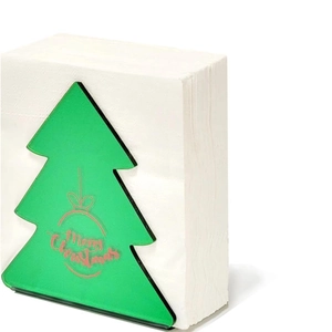 Green Christmas tree shaped napkin holder with Merry Christmas engraving in 45 degree view