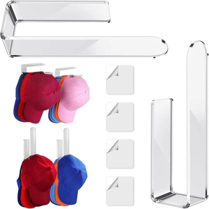 Wall-mounted acrylic baseball cap organizer set with clear adhesive brackets for home storage