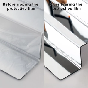 Detail of mirror acrylic shelf showing clear reflection after removing protective film