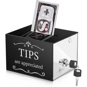 Detail view of black acrylic tip box with lock, keys and decorative tips appreciated text