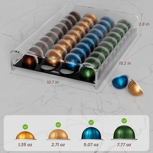 Acrylic coffee capsule organizer for Vertuo pods with dimensions and capacity details