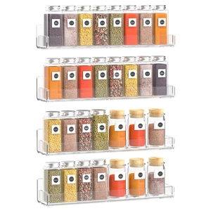 Wall-mounted 4-tier clear acrylic shelves with jars for spice and cosmetic storage