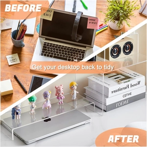 Clear acrylic U-shaped desktop risers showing space-saving organization before and after