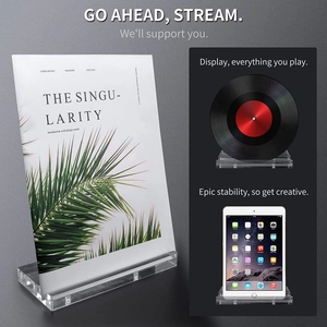 Clear acrylic display stand for books, tablets, and vinyl records with L-shaped design
