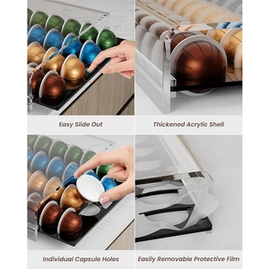 Acrylic drawer organizer for Nespresso coffee capsules with smooth sliding tracks