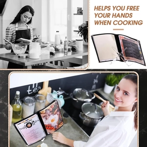 Transparent acrylic cookbook stand with black frame menu holder for kitchen cooking display