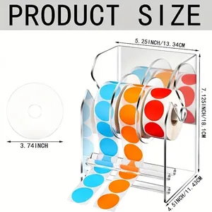 Acrylic 3-roll label dispenser showing product dimensions 13.34 x 18.1 x 11.43 cm