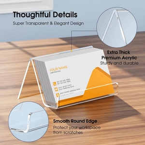 Detail of thickened acrylic business card holder with smooth edges and L-shape stand