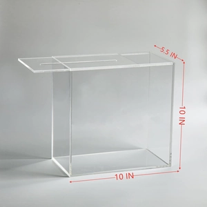 Clear acrylic card box with sliding lid and slot, sized 10 x 10 x 5.5 inches for events