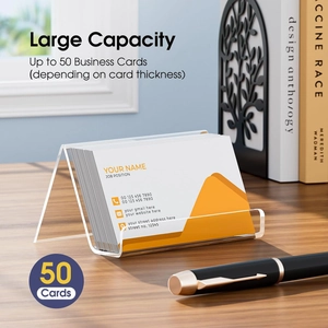 Close-up of white minimalist acrylic desk business card holder with high capacity storage