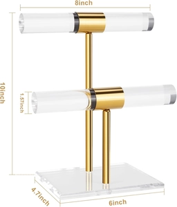 Two-tier acrylic and gold metal jewelry stand with specific 8 and 10 inch dimensions