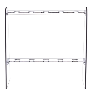Close-up of a 2-tier transparent acrylic display rack with 10 slots for champagne glasses