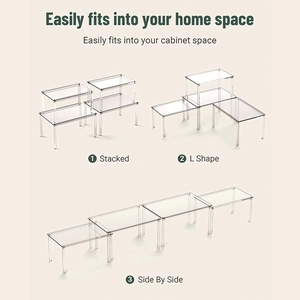Acrylic organizer showing stacked, L-shape, and side by side shelf configurations