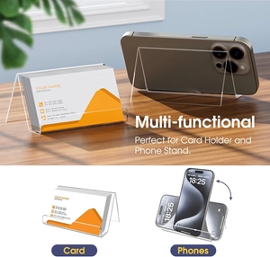L-shaped acrylic desk organizer used as a clear phone stand and business card holder