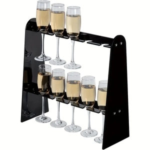 Detail view of double-layer black acrylic champagne flute rack with stable trapezoid structure