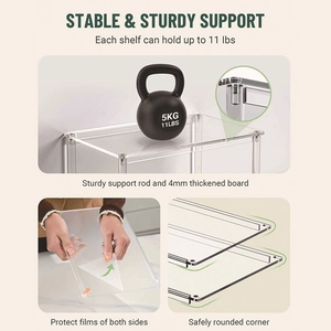 Detail showing 4mm thickened acrylic board and sturdy metal support poles of the shelf