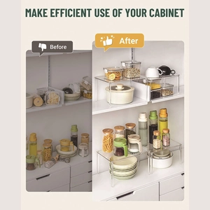 Before and after comparison of clear acrylic cabinet organizer for kitchen storage