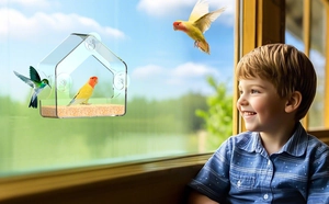 A child watches a bird eat from an acrylic window feeder with strong suction cups